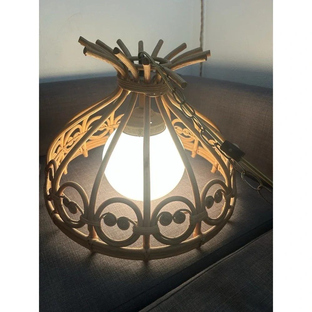 Vintage Rattan Bamboo Wicker Pendant Light Boho Hanging Ceiling Lamp MCM WORKS!